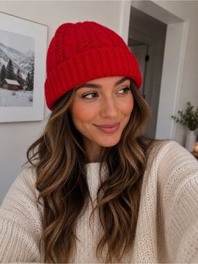 Vintage Red Cable Knit Beanie Hat One Size Acrylic Winter Ski Cap